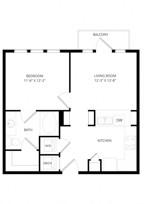Floor plan for 1 bed, 1 bath, 662 sqft